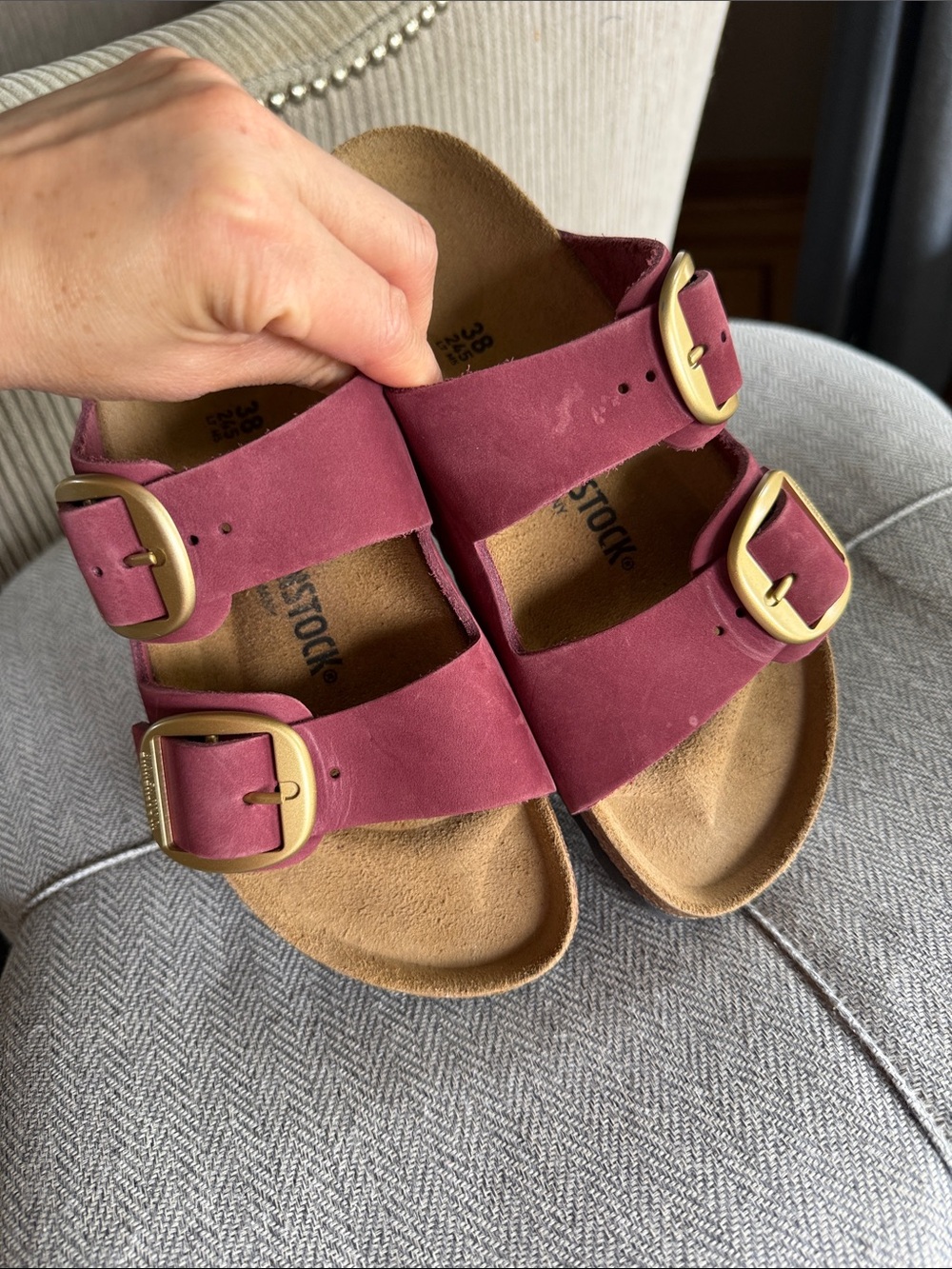 Birkenstock Arizona Two-Strap Sandals in Wine Suede with Brass Buckles - Picture 4 of 6